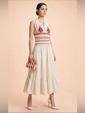 Anthropologie moon river Midi Dress with Red Sailboat Knit Bodice XS new